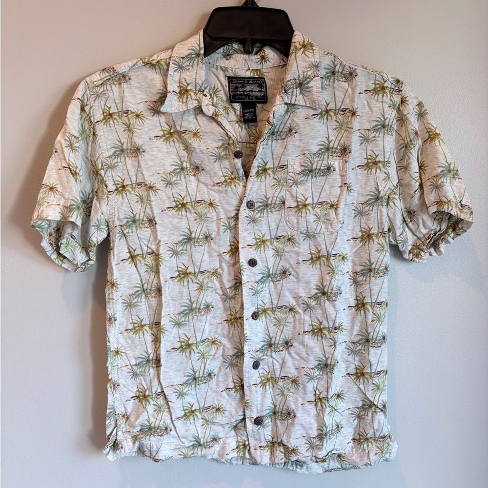 Steve & Barry's Palm Tree Casual Hawaiian Shirt - Green and Cream Large 10-12